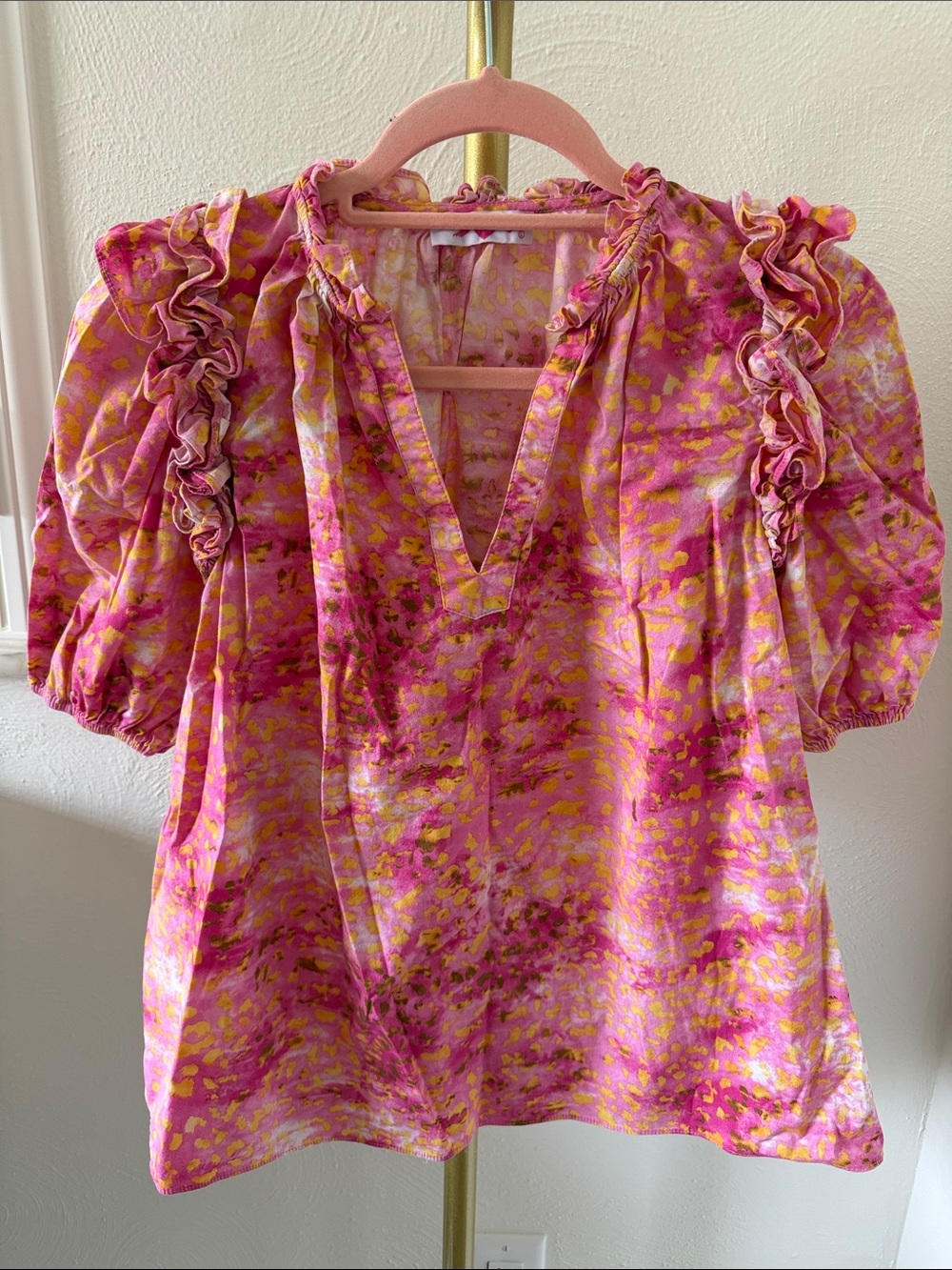 Buddy Love Pink & Yellow Ruffled V-Neck Puff Sleeve Tunic